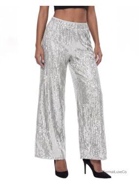 Sequin Sparkle Wide Leg Pants High Waist Disco Party Pants